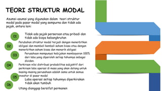 TEORI STRUKTUR MODAL
Asumsi-asumsi yang digunakan dalam teori struktur
modal pada pasar modal yang sempurna dan tidak ada
pajak, antara lain:
Tidak ada pajak perseroan atau pribadi dan
tidak ada biaya kebangkrutan
Perubahan struktur modal terjadi dengan menerbitkan
obligasi dan membeli kembali saham biasa atau dengan
menerbitkan saham biasa dan menarik obligasi
Perusahaan mempunyai kebijakan membayaran 100%
dari laba yang diperoleh setiap tahunnya sebagai
dividen.
Perkiraan nilai distribusi probabilitas subjektif dari
perkiraan laba operasi di masa yang akan datang untuk
masing-masing perusahaan adalah sama untuk semua
investor di pasar modal
Laba operasi setiap tahunnya diperkirakan
tidak akan tumbuh
Utang dianggap bersifat permanen
01
02
03
04
05
06
 
