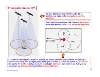 Triangulación en GPS
Triangulación en GPS
La idea básica de la determinación de la
Cada satélite transmite a la Tierra su posición y
l i d 1 000 d
La idea básica de la determinación de la
posición se basa en la triangulación de los
satélites.
el tiempo exacto cada 1.000 veces por segundo.
Si se conoce la distancia desde 3 puntos, se puede conocer exactamente en qué lugar
nos encontramos. Por ejemplo, considere que estamos a 16 km del punto A, a 19.2 km
del punto B y a 24 km del punto C. Si se dibujan 3 círculos con centros en A, B y C, se
cruzan en un único punto que indica nuestra posición.
12
www.coimbraweb.com
 