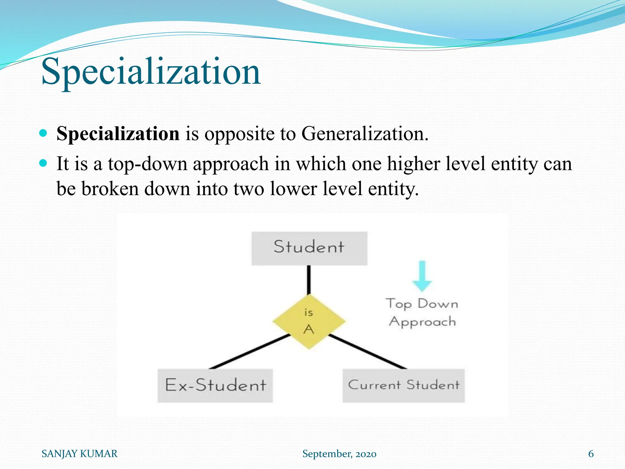 Specialization
 Specialization is opposite to Generalization.
 It is a top-down approach in which one higher level entity can
be broken down into two lower level entity.
SANJAY KUMAR September, 2020 6
 