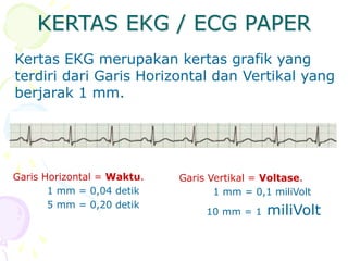 KERTAS EKG / ECG PAPER
Kertas EKG merupakan kertas grafik yang
terdiri dari Garis Horizontal dan Vertikal yang
berjarak 1 mm.
Garis Horizontal = Waktu.
1 mm = 0,04 detik
5 mm = 0,20 detik
Garis Vertikal = Voltase.
1 mm = 0,1 miliVolt
10 mm = 1 miliVolt
 
