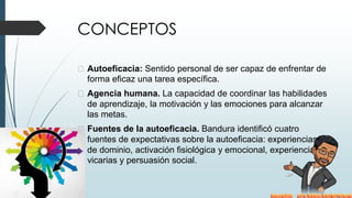 CONCEPTOS
� Autoeficacia: Sentido personal de ser capaz de enfrentar de
forma eficaz una tarea específica.
� Agencia humana. La capacidad de coordinar las habilidades
de aprendizaje, la motivación y las emociones para alcanzar
las metas.
� Fuentes de la autoeficacia. Bandura identificó cuatro
fuentes de expectativas sobre la autoeficacia: experiencias
de dominio, activación fisiológica y emocional, experiencias
vicarias y persuasión social.
 