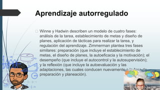 Aprendizaje autorregulado
� Winne y Hadwin describen un modelo de cuatro fases:
análisis de la tarea, establecimiento de metas y diseño de
planes, aplicación de tácticas para realizar la tarea, y
regulación del aprendizaje. Zimmerman plantea tres fases
similares: preparación (que incluye el establecimiento de
metas, el diseño de planes, la autoeficacia y la motivación); el
desempeño (que incluye el autocontrol y la autosupervisión);
y la reflexión (que incluye la autoevaluación y las
adaptaciones, las cuales conducen nuevamente a la fase de
preparación y planeación).
 