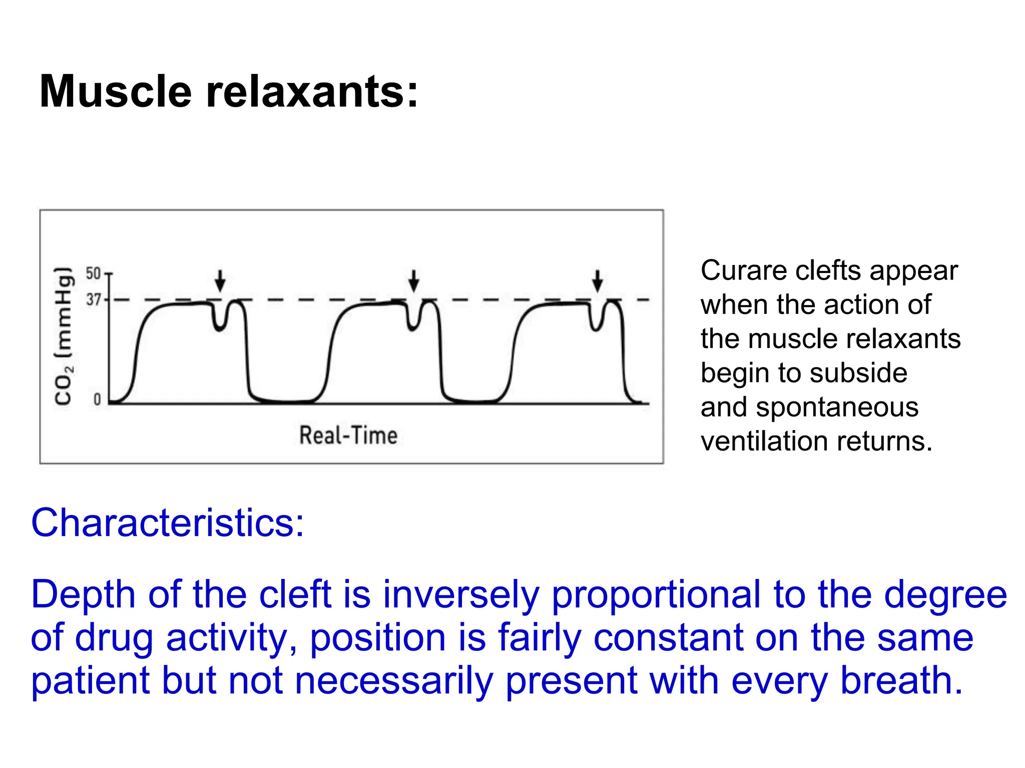 Muscle relaxants:
Characteristics:
Depth of the cleft is inversely proportional to the degree
of drug activity, position is fairly constant on the same
patient but not necessarily present with every breath.
Curare clefts appear
when the action of
the muscle relaxants
begin to subside
and spontaneous
ventilation returns.
 