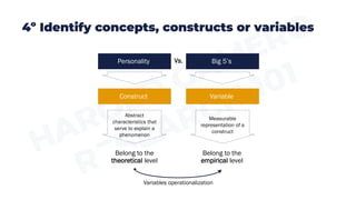 4º Identify concepts, constructs or variables
Vs. Big 5’s
Measurable
representation of a
construct
Belong to the
empirical level
Personality
Abstract
characteristics that
serve to explain a
phenomenon
Belong to the
theoretical level
Variables operationalization
Variable
Construct
 