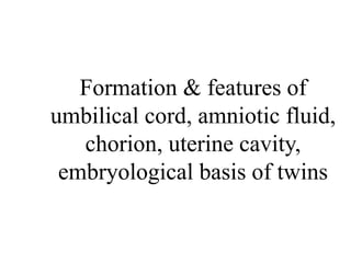 Formation & features of
umbilical cord, amniotic fluid,
chorion, uterine cavity,
embryological basis of twins
 
