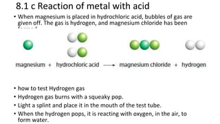 8.1 c Reaction of metal with acid
• When magnesium is placed in hydrochloric acid, bubbles of gas are
given off. The gas is hydrogen, and magnesium chloride has been
formed.
• how to test Hydrogen gas
• Hydrogen gas burns with a squeaky pop.
• Light a splint and place it in the mouth of the test tube.
• When the hydrogen pops, it is reacting with oxygen, in the air, to
form water.
 