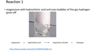 Reaction 1
• magnesium with hydrochloric acid and seen bubbles of the gas hydrogen
given off
https://www.youtube.com/watch?v=IfO0lPhcBFQ&t=15s
 