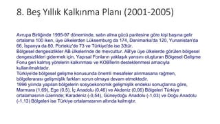 8. Beş Yıllık Kalkınma Planı (2001-2005)
Avrupa Birliğinde 1995-97 döneminde, satın alma gücü paritesine göre kişi başına gelir
ortalama 100 iken, üye ülkelerden Lüksemburg da 174, Danimarka'da 120, Yunanistan'da
66, İspanya da 80, Portekiz'de 73 ve Türkiye'de ise 33tür.
Bölgesel dengesizlikler AB ülkelerinde de mevcuttur. AB'ye üye ülkelerde görülen bölgesel
dengesizlikleri gidermek için, Yapısal Fonların yaklaşık yarısını oluşturan Bölgesel Gelişme
Fonu geri kalmış yörelerin kalkınması ve KOBİlerin desteklenmesi amacıyla
kullanılmaktadır.
Türkiye'de bölgesel gelişme konusunda önemli mesafeler alınmasana rağmen,
bölgelerarası gelişmişlik farkları sorun olmaya devam etmektedir.
1996 yılında yapılan bölgelerin sosyoekonomik gelişmişlik endeksi sonuçlarına göre,
Marmara (1,69), Ege (0,5), İç Anadolu (0,46) ve Akdeniz (0,06) Bölgeleri Türkiye
ortalamasının üzerinde; Karadeniz (-0,54), Güneydoğu Anadolu (-1,03) ve Doğu Anadolu
(-1,13) Bölgeleri ise Türkiye ortalamasının altında kalmıştır.
 