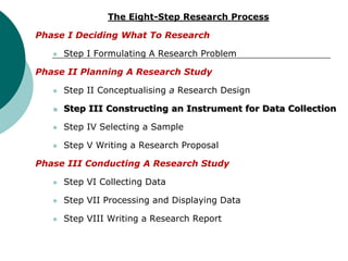The Eight-Step Research Process
Phase I Deciding What To Research
 Step I Formulating A Research Problem
Phase II Planning A Research Study
 Step II Conceptualising a Research Design
 Step III Constructing an Instrument for Data Collection
 Step IV Selecting a Sample
 Step V Writing a Research Proposal
Phase III Conducting A Research Study
 Step VI Collecting Data
 Step VII Processing and Displaying Data
 Step VIII Writing a Research Report
 