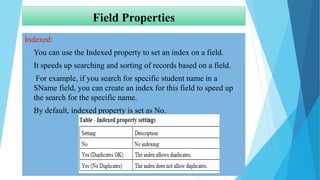 Field Properties
Indexed:
 You can use the Indexed property to set an index on a field.
 It speeds up searching and sorting of records based on a field.
 For example, if you search for specific student name in a
SName field, you can create an index for this field to speed up
the search for the specific name.
 By default, indexed property is set as No.
 