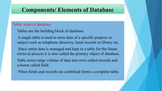 Components/ Elements of Database
Table: heart of database
 Tables are the building block of database.
 A single table is used to store data of a specific purpose or
subject such as telephone directory, book records in library etc.
 Since entire data is managed and kept in a table for the future
retrieval process it is also called the primary object of database.
 Table stores large volume of data into rows called records and
column called field.
 When fields and records are combined forms a complete table.
 