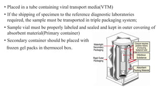 • Placed in a tube containing viral transport media(VTM)
• If the shipping of specimen to the reference diagnostic laboratories
required, the sample must be transported in triple packaging system;
• Sample vial must be properly labeled and sealed and kept in outer covering of
absorbent material(Primary container)
• Secondary container should be placed with
frozen gel packs in thermocol box.
 