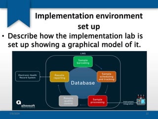 • Describe how the implementation lab is
set up showing a graphical model of it.
7/9/2024 12
Implementation environment
set up
 
