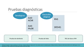 Pruebas diagnósticas
Anti-
AChR
Anti-
MuSK
Serológicas
RNS
SFEMG
Electrofisi
ológicas
Prueba de edrofonio Prueba de hielo TAC de tórax o RM
•Milanés-Armengol A, Molina-Castellanos K, Pino-Mas J, Milanés-Molina M, Ojeda-Leal Á. Una mirada actual a la miastenia gravis. Medisur [revista en Internet]. 2020 [citado 2020 Nov 14]; 18(5):[aprox. 11 p.].
Disponible en: http://medisur.sld.cu/index.php/medisur/article/view/4688
 