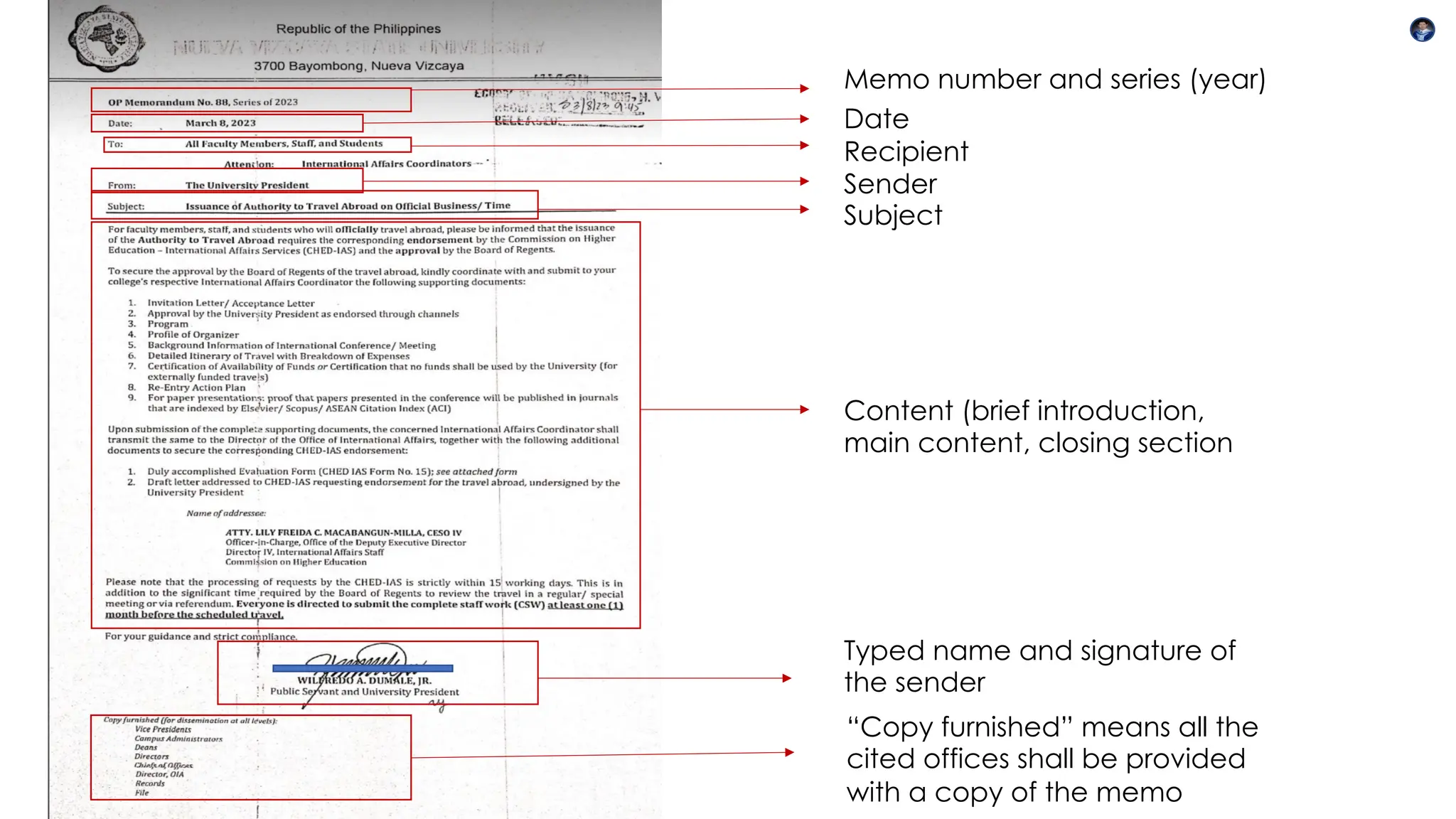 Date
Recipient
Sender
Subject
Content (brief introduction,
main content, closing section
Typed name and signature of
the sender
Memo number and series (year)
“Copy furnished” means all the
cited offices shall be provided
with a copy of the memo
 