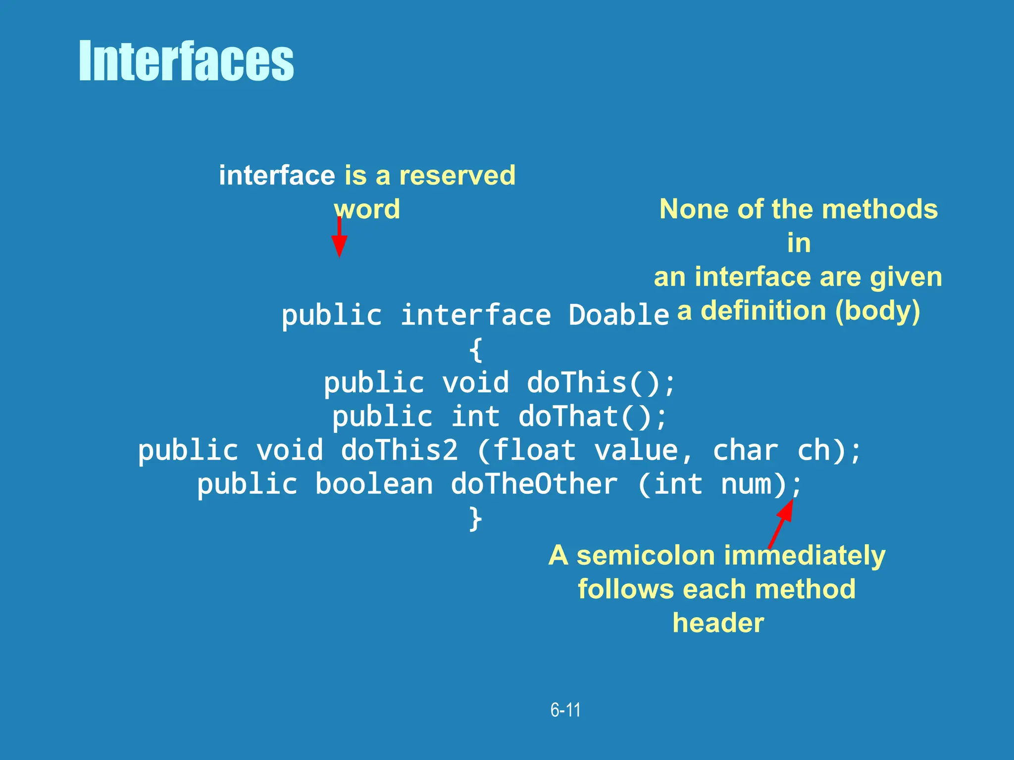 6-11
Interfaces
public interface Doable
{
public void doThis();
public int doThat();
public void doThis2 (float value, char ch);
public boolean doTheOther (int num);
}
interface is a reserved
word None of the methods
in
an interface are given
a definition (body)
A semicolon immediately
follows each method
header
 