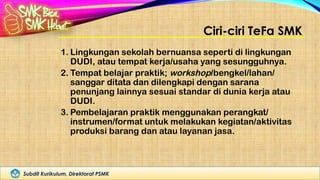Subdit Kurikulum, Direktorat PSMK
Ciri-ciri TeFa SMK
1. Lingkungan sekolah bernuansa seperti di lingkungan
DUDI, atau tempat kerja/usaha yang sesungguhnya.
2. Tempat belajar praktik; workshop/bengkel/lahan/
sanggar ditata dan dilengkapi dengan sarana
penunjang lainnya sesuai standar di dunia kerja atau
DUDI.
3. Pembelajaran praktik menggunakan perangkat/
instrumen/format untuk melakukan kegiatan/aktivitas
produksi barang dan atau layanan jasa.
 