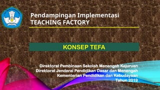 Pendampingan Implementasi
TEACHING FACTORY
Direktorat Pembinaan Sekolah Menengah Kejuruan
Direktorat Jenderal Pendidikan Dasar dan Menengah
Kementerian Pendidikan dan Kebudayaan
Tahun 2019
KONSEP TEFA
 