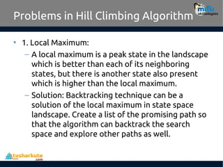 Problems in Hill Climbing Algorithm
• 1. Local Maximum:
– A local maximum is a peak state in the landscape
which is better than each of its neighboring
states, but there is another state also present
which is higher than the local maximum.
– Solution: Backtracking technique can be a
solution of the local maximum in state space
landscape. Create a list of the promising path so
that the algorithm can backtrack the search
space and explore other paths as well.
 