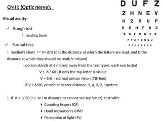  Rough test
 reading book
Visual acuity:
CN II: (Optic nerve):
 Snellen’s chart  V= d/D (d is the distance at which the letters are read, and D the
distance at which they should be read; V =vision)
- person stands at 6 meters away from the test types, each eye tested
V = 6 / 60 - if only the top letter is visible
V = 6/6 - normal person vision (7th line)
- if V < 6/60, person at nearer distance, 5, 4, 3, 2, 1meters
 If V < 1/ 60 (i.e. at 1m distance pt cannot see top letter), test with:
 Counting fingers (CF)
 Hand movements (HM)
 Perception of light (PL)
 Formal test:
 