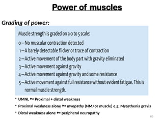 60
Power of muscles
Grading of power:
• UMNL  Proximal + distal weakness
• Proximal weakness alone  myopathy (NMJ or muscle) e.g. Myasthenia gravis
• Distal weakness alone  peripheral neuropathy
 