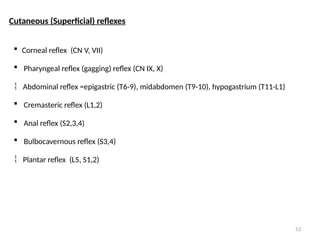 53
Cutaneous (Superficial) reflexes
 Corneal reflex (CN V, VII)
 Pharyngeal reflex (gagging) reflex (CN IX, X)
 Abdominal reflex =epigastric (T6-9), midabdomen (T9-10), hypogastrium (T11-L1)
 Cremasteric reflex (L1,2)
 Anal reflex (S2,3,4)
 Bulbocavernous reflex (S3,4)
 Plantar reflex (L5, S1,2)
 