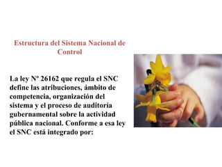 Estructura del Sistema Nacional de
Control
La ley Nº 26162 que regula el SNC
define las atribuciones, ámbito de
competencia, organización del
sistema y el proceso de auditoría
gubernamental sobre la actividad
pública nacional. Conforme a esa ley
el SNC está integrado por:
 