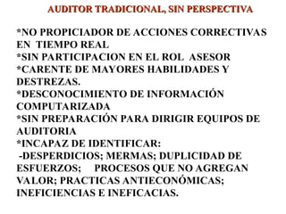 AUDITOR TRADICIONAL, SIN PERSPECTIVA
AUDITOR TRADICIONAL, SIN PERSPECTIVA
*NO PROPICIADOR DE ACCIONES CORRECTIVAS
EN TIEMPO REAL
*SIN PARTICIPACION EN EL ROL ASESOR
*CARENTE DE MAYORES HABILIDADES Y
DESTREZAS.
*DESCONOCIMIENTO DE INFORMACIÓN
COMPUTARIZADA
*SIN PREPARACIÓN PARA DIRIGIR EQUIPOS DE
AUDITORIA
*INCAPAZ DE IDENTIFICAR:
-DESPERDICIOS; MERMAS; DUPLICIDAD DE
ESFUERZOS; PROCESOS QUE NO AGREGAN
VALOR; PRACTICAS ANTIECONÓMICAS;
INEFICIENCIAS E INEFICACIAS.
 