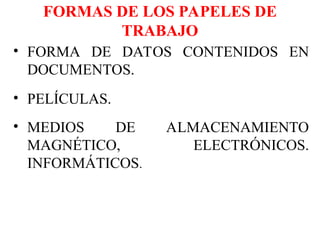 FORMAS DE LOS PAPELES DE
TRABAJO
• FORMA DE DATOS CONTENIDOS EN
DOCUMENTOS.
• PELÍCULAS.
• MEDIOS DE ALMACENAMIENTO
MAGNÉTICO, ELECTRÓNICOS.
INFORMÁTICOS.
 