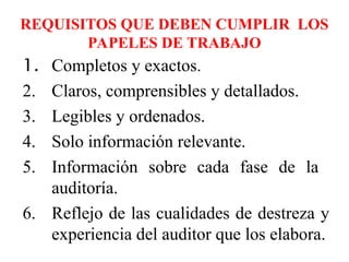 REQUISITOS QUE DEBEN CUMPLIR LOS
PAPELES DE TRABAJO
1. Completos y exactos.
2. Claros, comprensibles y detallados.
3. Legibles y ordenados.
4. Solo información relevante.
5. Información sobre cada fase de la
auditoría.
6. Reflejo de las cualidades de destreza y
experiencia del auditor que los elabora.
 
