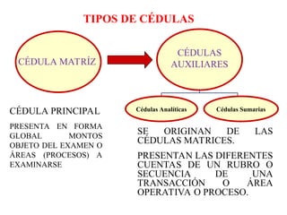 Cédulas Sumarias
TIPOS DE CÉDULAS
CÉDULA MATRÍZ
CÉDULA PRINCIPAL
PRESENTA EN FORMA
GLOBAL MONTOS
OBJETO DEL EXAMEN O
ÁREAS (PROCESOS) A
EXAMINARSE
SE ORIGINAN DE LAS
CÉDULAS MATRICES.
PRESENTAN LAS DIFERENTES
CUENTAS DE UN RUBRO O
SECUENCIA DE UNA
TRANSACCIÓN O ÁREA
OPERATIVA O PROCESO.
Cédulas Analíticas
CÉDULAS
AUXILIARES
 