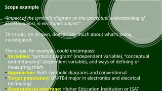 Scope example
“Impact of the symbolic diagram on the conceptual understanding of
ELT/ELX majors in electronics subject”
This topic, on its own, doesn't say much about what's being
investigated.
The scope, for example, could encompass:
• Variables: “symbolic diagram” (independent variable), “conceptual
understanding” (dependent variable), and ways of defining or
measuring them
• Approaches: Both symbolic diagrams and conventional
• Target population: BTVTEd major in electronics and electrical
technology
• Geographical coverage: Higher Education Institution or ISAT
 