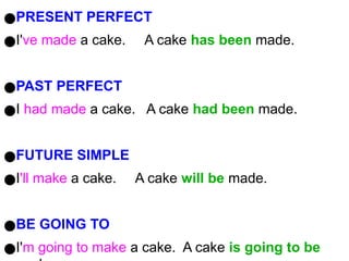 ●PRESENT PERFECT
●I've made a cake. A cake has been made.
●PAST PERFECT
●I had made a cake. A cake had been made.
●FUTURE SIMPLE
●I'll make a cake. A cake will be made.
●BE GOING TO
●I'm going to make a cake. A cake is going to be
 