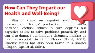 How Can They Impact our
Health and Well-Being?
Staying stuck on negative emotions can
increase our bodies’ production of our stress
hormone, cortisol, which in turn depletes our
cognitive ability to solve problems proactively, and
can also damage our immune defenses, making us
more susceptible to other illness (Iliard, 2009).
Chronic stress has also been linked to a shorter
lifespan (Epel et al, 2004).
 