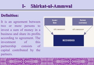 Definition:
Definition:
It is an agreement between
two or more persons to
invest a sum of money in a
business and share its profits
according to agreement. The
investment of this
partnership consists of
capital contributed by the
partners.
I-
I- Shirkat-ul-Ammwal
Shirkat-ul-Ammwal
 