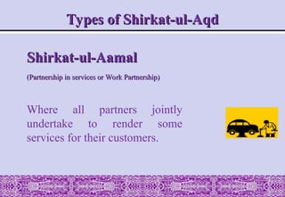 Types of Shirkat-ul-Aqd
Types of Shirkat-ul-Aqd
Shirkat-ul-Aamal
Shirkat-ul-Aamal
(Partnership in services or Work Partnership)
(Partnership in services or Work Partnership)
Where all partners jointly
undertake to render some
services for their customers.
 