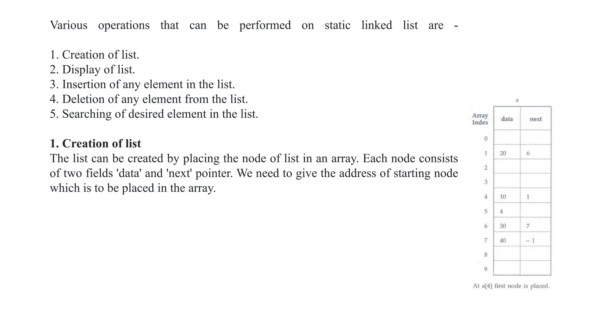 Various operations that can be performed on static linked list are -
1. Creation of list.
2. Display of list.
3. Insertion of any element in the list.
4. Deletion of any element from the list.
5. Searching of desired element in the list.
1. Creation of list
The list can be created by placing the node of list in an array. Each node consists
of two fields 'data' and 'next' pointer. We need to give the address of starting node
which is to be placed in the array.
 