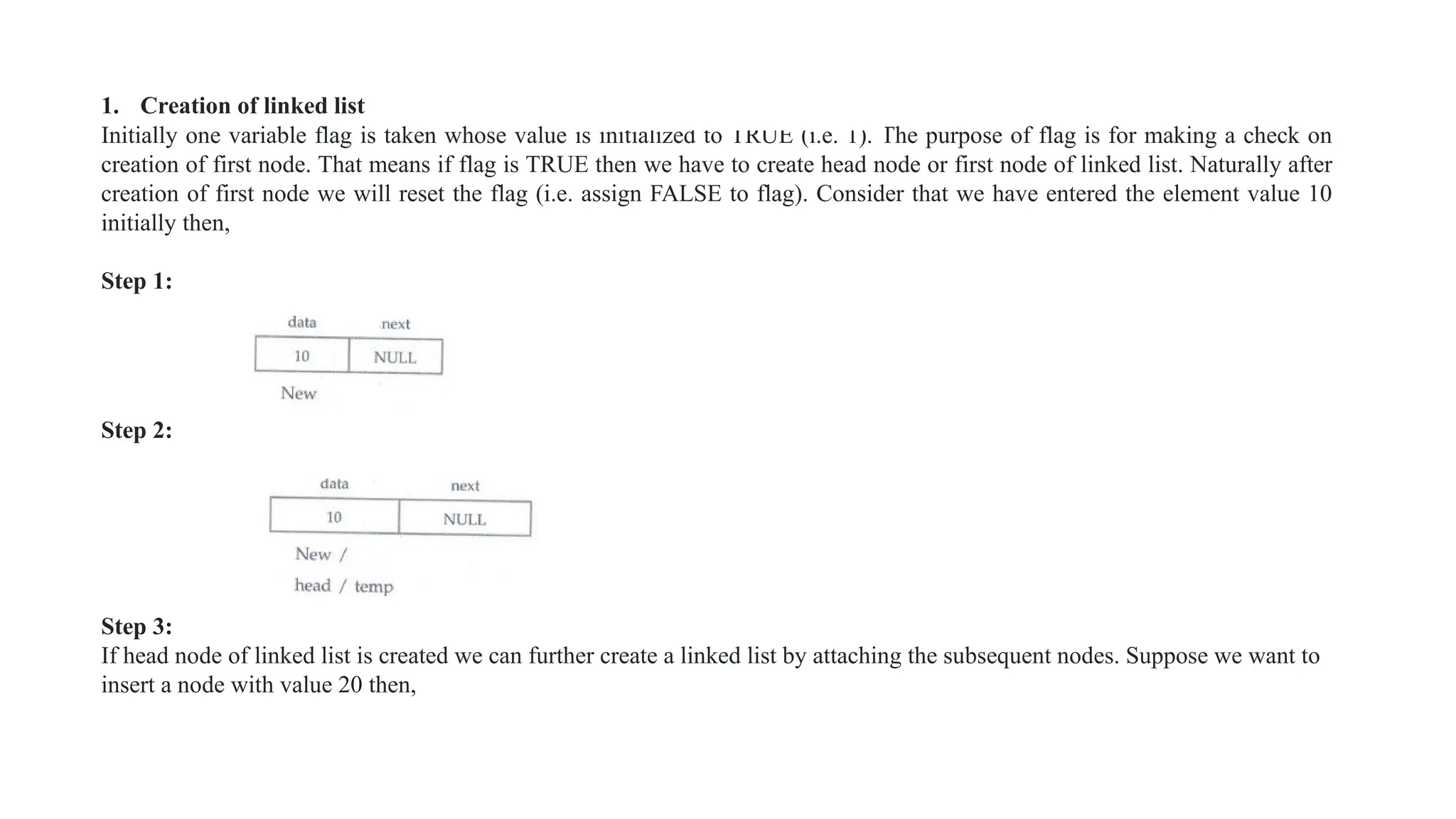 1. Creation of linked list
Initially one variable flag is taken whose value is initialized to TRUE (i.e. 1). The purpose of flag is for making a check on
creation of first node. That means if flag is TRUE then we have to create head node or first node of linked list. Naturally after
creation of first node we will reset the flag (i.e. assign FALSE to flag). Consider that we have entered the element value 10
initially then,
Step 1:
Step 2:
Step 3:
If head node of linked list is created we can further create a linked list by attaching the subsequent nodes. Suppose we want to
insert a node with value 20 then,
 