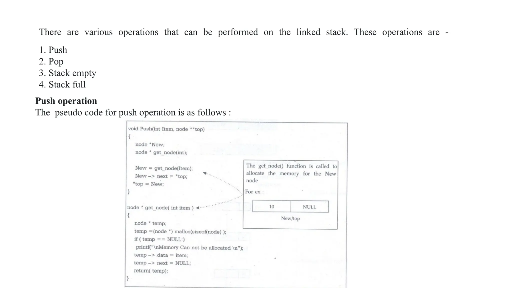 There are various operations that can be performed on the linked stack. These operations are -
1. Push
2. Pop
3. Stack empty
4. Stack full
Push operation
The pseudo code for push operation is as follows :
 