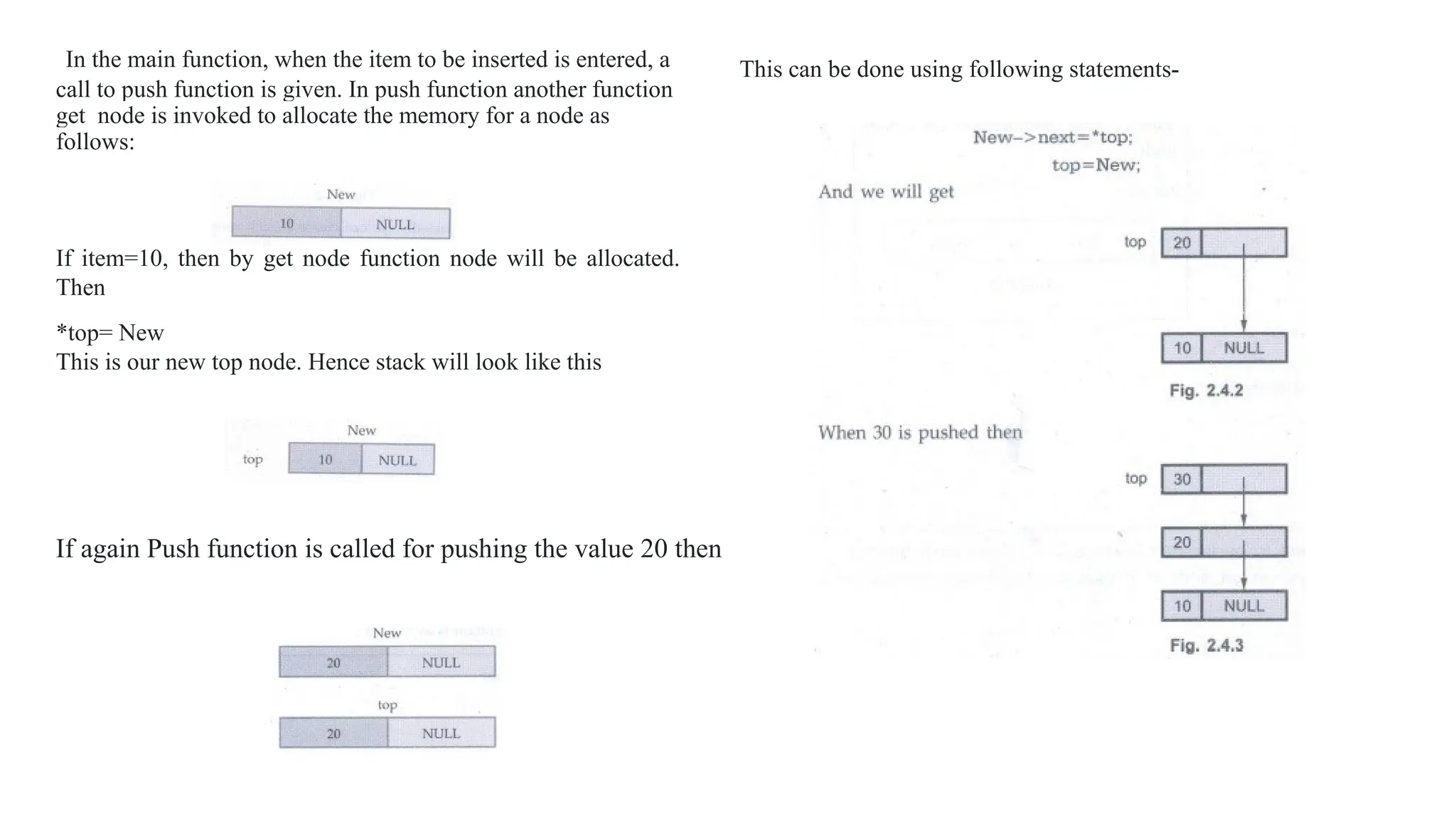 In the main function, when the item to be inserted is entered, a
call to push function is given. In push function another function
get_node is invoked to allocate the memory for a node as
follows:
If item=10, then by get node function node will be allocated.
Then
*top= New
This is our new top node. Hence stack will look like this
This can be done using following statements-
If again Push function is called for pushing the value 20 then
 