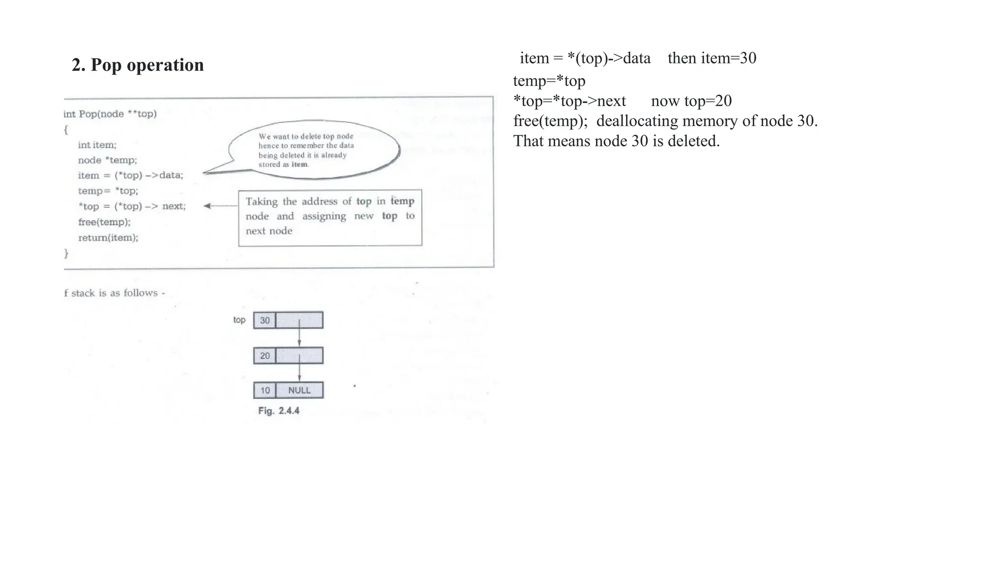 item = *(top)->data then item=30
temp=*top
*top=*top->next now top=20
free(temp); deallocating memory of node 30.
That means node 30 is deleted.
2. Pop operation
 