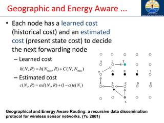 Geographic and Energy Aware ...
• Each node has a learned cost
(historical cost) and an estimated
cost (present state cost) to decide
the next forwarding node
– Learned cost
– Estimated cost
min min
( , ) ( , ) ( , )
h N R h N R C N N
= +
( , ) ( , ) (1 ) ( )
i i i
c N R d N R e N
 
= + −
Geographical and Energy Aware Routing: a recursive data dissemination
protocol for wireless sensor networks. (Yu 2001)
 