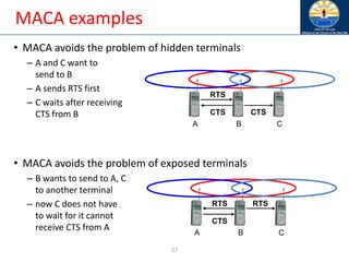 27
• MACA avoids the problem of hidden terminals
– A and C want to
send to B
– A sends RTS first
– C waits after receiving
CTS from B
• MACA avoids the problem of exposed terminals
– B wants to send to A, C
to another terminal
– now C does not have
to wait for it cannot
receive CTS from A
MACA examples
A B C
RTS
CTS
CTS
A B C
RTS
CTS
RTS
 