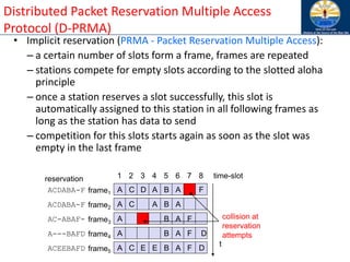 41
Distributed Packet Reservation Multiple Access
Protocol (D-PRMA)
• Implicit reservation (PRMA - Packet Reservation Multiple Access):
– a certain number of slots form a frame, frames are repeated
– stations compete for empty slots according to the slotted aloha
principle
– once a station reserves a slot successfully, this slot is
automatically assigned to this station in all following frames as
long as the station has data to send
– competition for this slots starts again as soon as the slot was
empty in the last frame
frame1
frame2
frame3
frame4
frame5
1 2 3 4 5 6 7 8 time-slot
collision at
reservation
attempts
A C D A B A F
A C A B A
A B A F
A B A F D
A C E E B A F D
t
ACDABA-F
ACDABA-F
AC-ABAF-
A---BAFD
ACEEBAFD
reservation
 