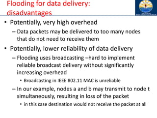 Flooding for data delivery:
disadvantages
• Potentially, very high overhead
– Data packets may be delivered to too many nodes
that do not need to receive them
• Potentially, lower reliability of data delivery
– Flooding uses broadcasting –hard to implement
reliable broadcast delivery without significantly
increasing overhead
• Broadcasting in IEEE 802.11 MAC is unreliable
– In our example, nodes a and b may transmit to node t
simultaneously, resulting in loss of the packet
• in this case destination would not receive the packet at all
 
