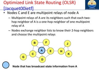 Optimized Link State Routing (OLSR)
[Jacquet00ietf]
• Nodes C and E are multipoint relays of node A
– Multipoint relays of A are its neighbors such that each two-
hop neighbor of A is a one-hop neighbor of one multipoint
relay of A
– Nodes exchange neighbor lists to know their 2-hop neighbors
and choose the multipoint relays
A
B F
C
D
E H
G
K
J
Node that has broadcast state information from A
 