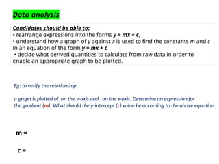 Data analysis
Candidates should be able to:
• rearrange expressions into the forms y = mx + c,
• understand how a graph of y against x is used to find the constants m and c
in an equation of the form y = mx + c
• decide what derived quantities to calculate from raw data in order to
enable an appropriate graph to be plotted.
Eg: to verify the relationship
a graph is plotted of on the y-axis and on the x-axis. Determine an expression for
the gradient (m). What should the y-intercept (c) value be according to the above equation.
m =
c =
 