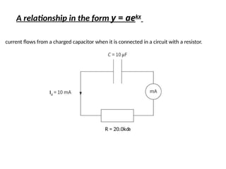 A relationship in the form y = aekx
current flows from a charged capacitor when it is connected in a circuit with a resistor.
Io
R = 20.0k
 