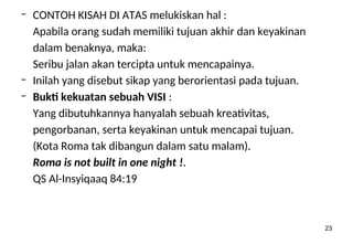 23
– CONTOH KISAH DI ATAS melukiskan hal :
Apabila orang sudah memiliki tujuan akhir dan keyakinan
dalam benaknya, maka:
Seribu jalan akan tercipta untuk mencapainya.
– Inilah yang disebut sikap yang berorientasi pada tujuan.
– Bukti kekuatan sebuah VISI :
Yang dibutuhkannya hanyalah sebuah kreativitas,
pengorbanan, serta keyakinan untuk mencapai tujuan.
(Kota Roma tak dibangun dalam satu malam).
Roma is not built in one night !.
QS Al-Insyiqaaq 84:19
 