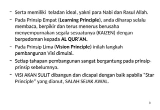 3
– Serta memiliki teladan ideal, yakni para Nabi dan Rasul Allah.
– Pada Prinsip Empat (Learning Principle), anda diharap selalu
membaca, berpikir dan terus menerus berusaha
menyempurnakan segala sesuatunya (KAIZEN) dengan
berpedoman kepada AL QUR’AN.
– Pada Prinsip Lima (Vision Principle) inilah langkah
pembangunan Visi dimulai.
– Setiap tahapan pembangunan sangat bergantung pada prinsip-
prinsip sebelumnya.
– VISI AKAN SULIT dibangun dan dicapai dengan baik apabila “Star
Principle” yang dianut, SALAH SEJAK AWAL.
 
